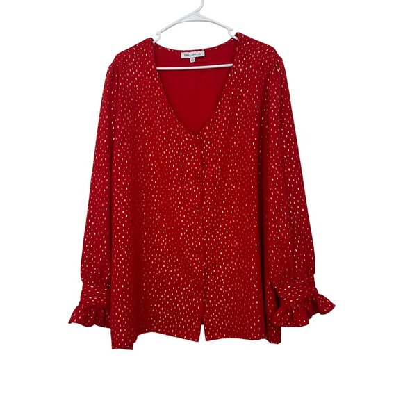 Emily Daniels Women Red Gold Polka Dot Blouse 2X Long Sleeve Ruffle Cuffs V-Neck - Picture 10 of 12